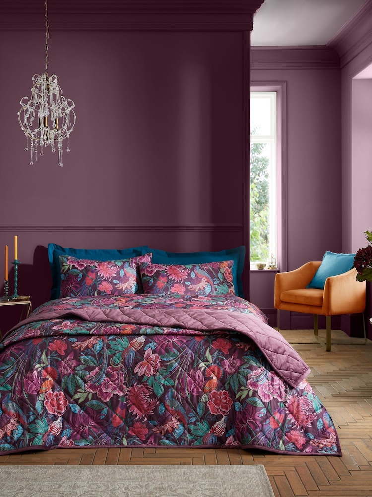 Bridgerton by Catherine Lansfield Plum Kate Floral Soft Velvet Quilted 100% Cotton Bedspread - Image 1 of 3
