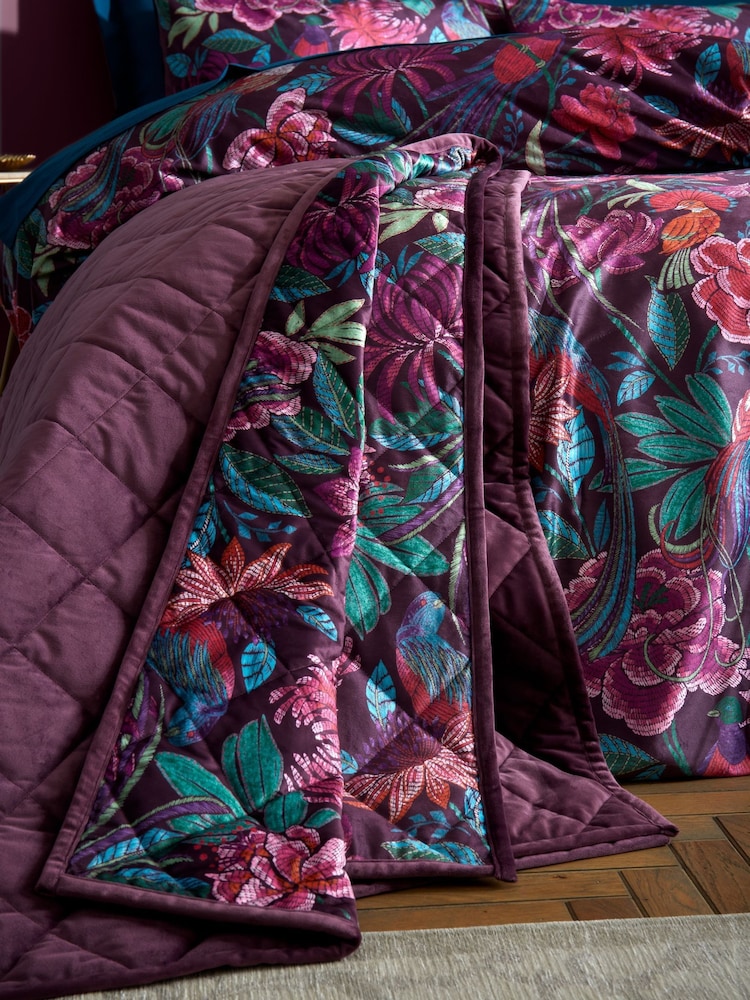 Bridgerton by Catherine Lansfield Plum Kate Floral Soft Velvet Quilted 100% Cotton Bedspread - Image 2 of 3