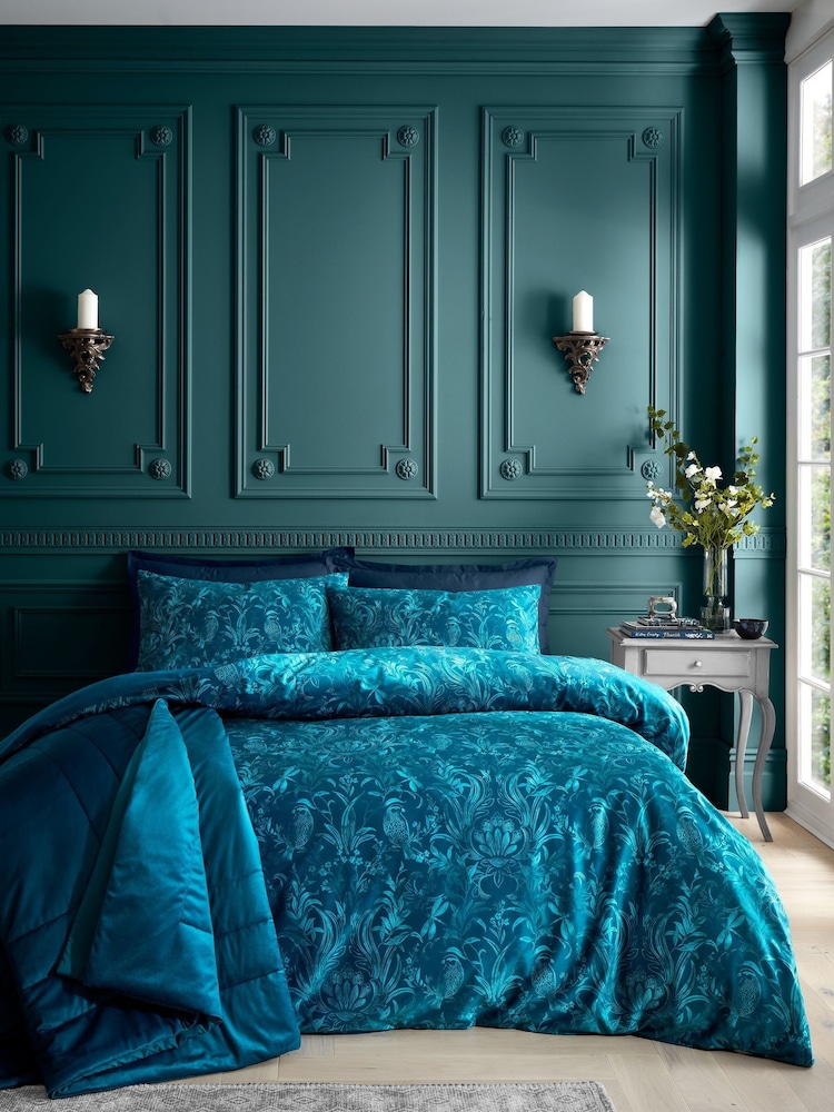 Bridgerton by Catherine Lansfield Teal Green Regal Birds Soft Velvet Duvet Cover Set - Image 1 of 5