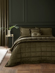 Catherine Lansfield Olive Green Kingsley So Soft Matt Velvet Quilted Bedspread - Image 1 of 3
