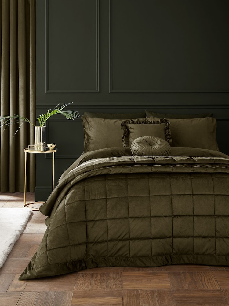 Catherine Lansfield Olive Green Kingsley So Soft Matt Velvet Quilted Bedspread - Image 1 of 3