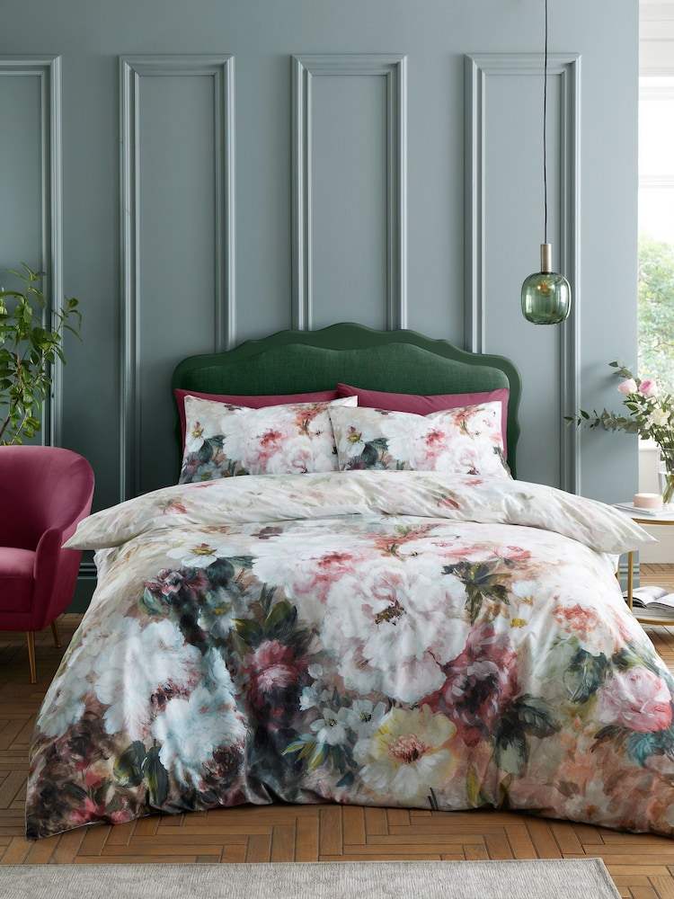 RHS Pink Rose Bloom Floral 100% Cotton Duvet Cover Set - Image 1 of 5