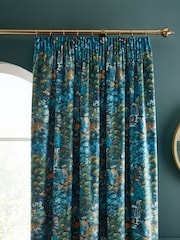 RHS Blue Garden Walk Soft Velour Pencil Pleat Curtains - Image 1 of 4