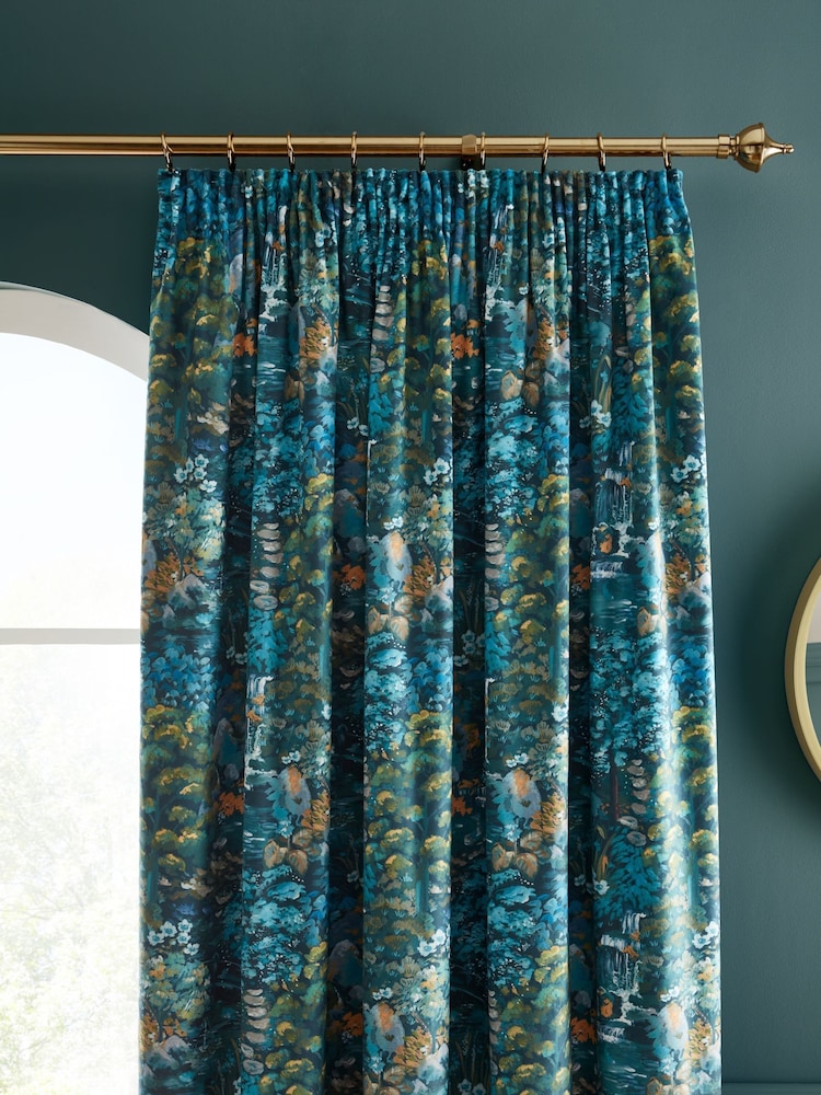 RHS Blue Garden Walk Soft Velour Pencil Pleat Curtains - Image 1 of 4