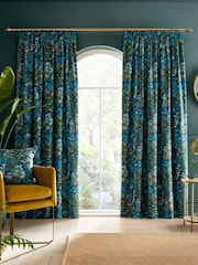 RHS Blue Garden Walk Soft Velour Pencil Pleat Curtains - Image 2 of 4
