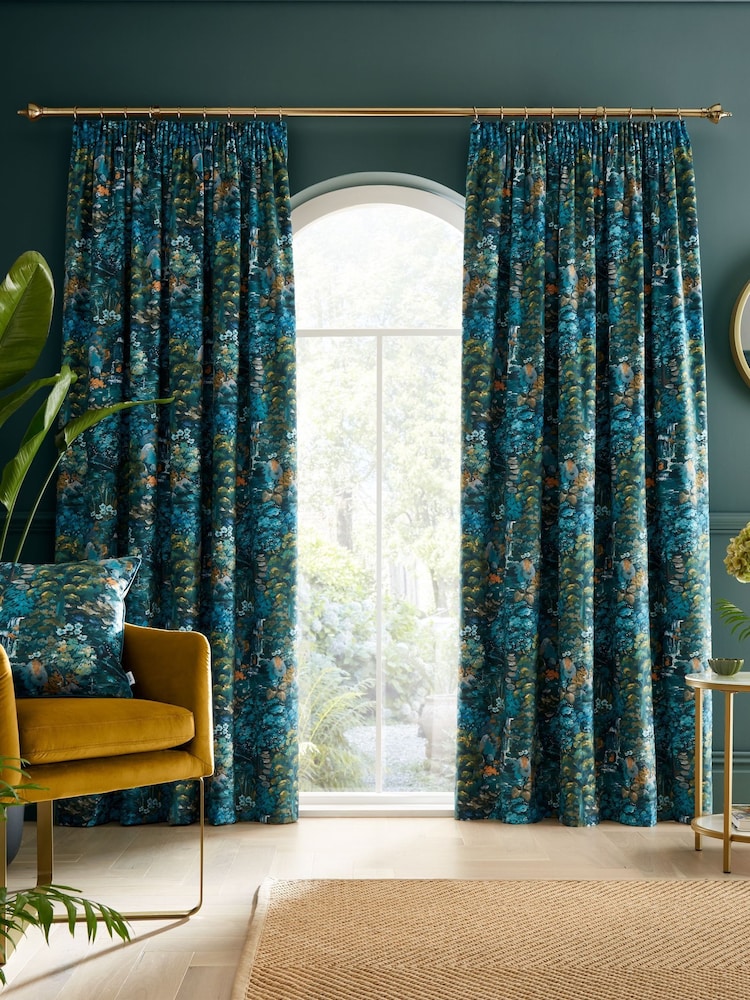 RHS Blue Garden Walk Soft Velour Pencil Pleat Curtains - Image 2 of 4
