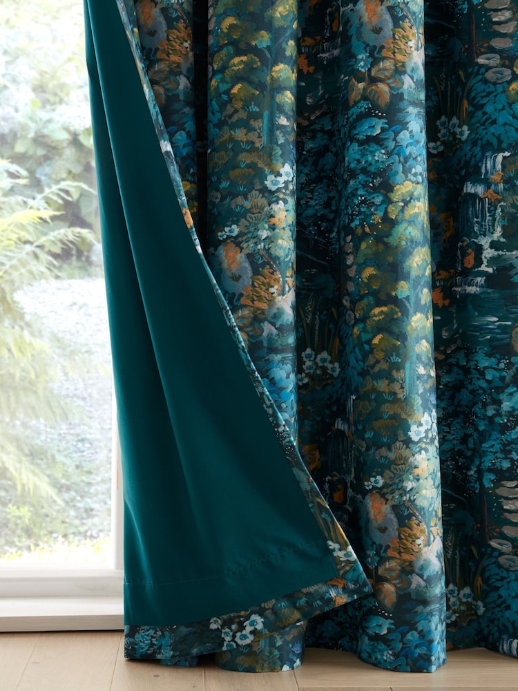 RHS Blue Garden Walk Soft Velour Pencil Pleat Curtains - Image 4 of 4