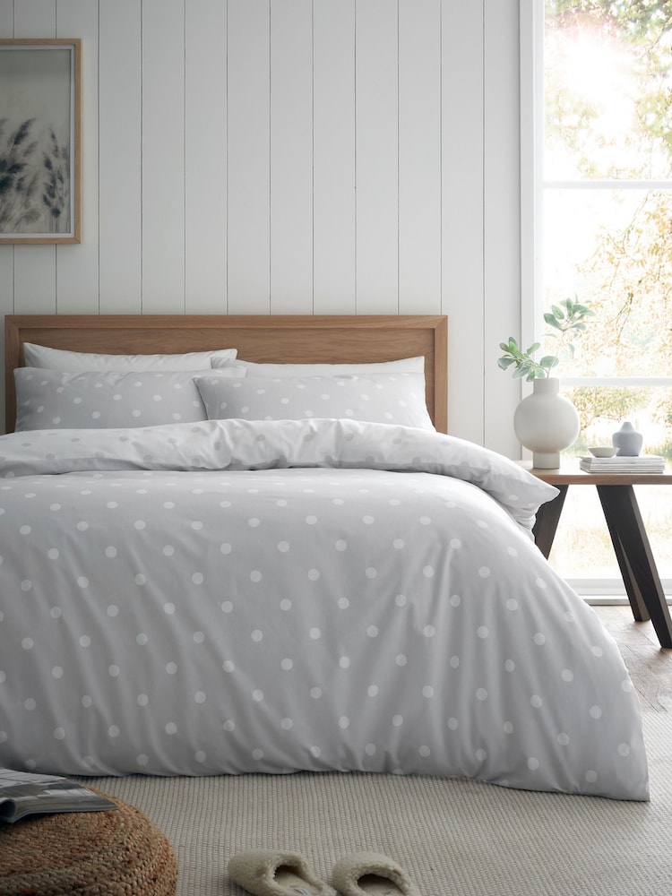 Catherine Lansfield Silver Grey Brushed 100% Cotton Polka Dot Duvet Cover Set - Image 2 of 5