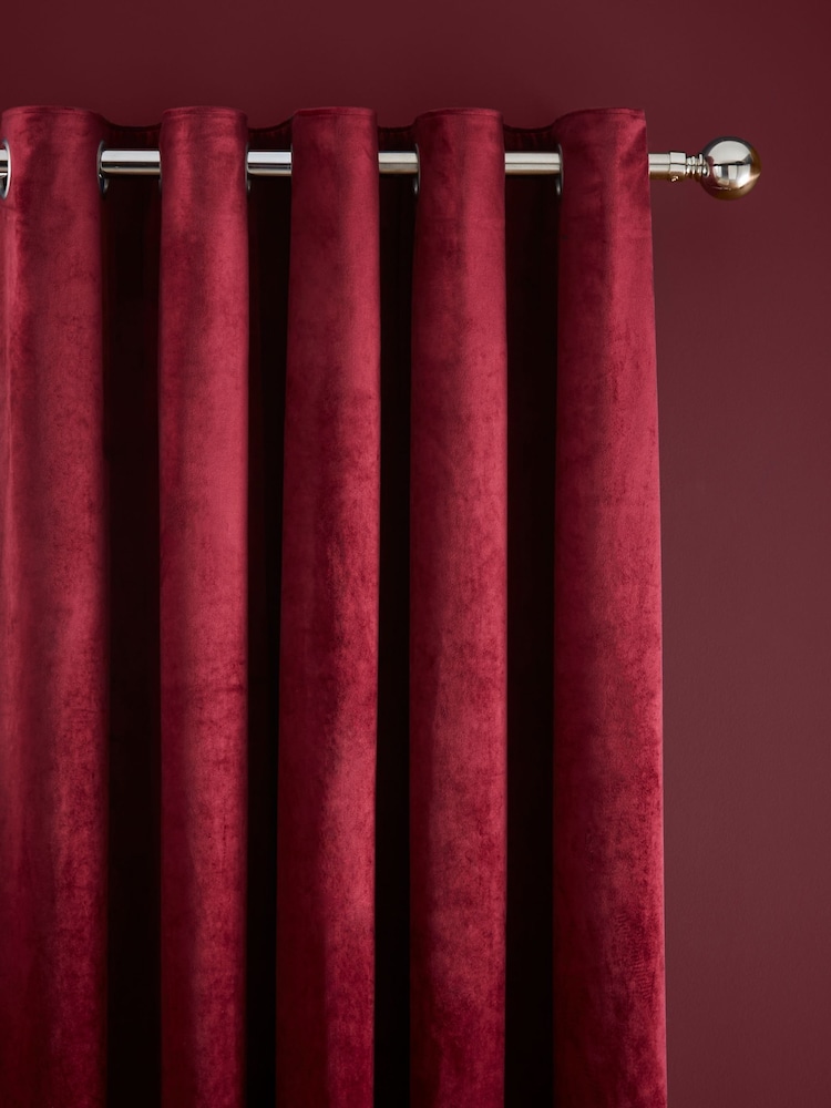 Catherine Lansfield Raspberry Red Matt Velvet Lined Eyelet Curtains - Image 2 of 3