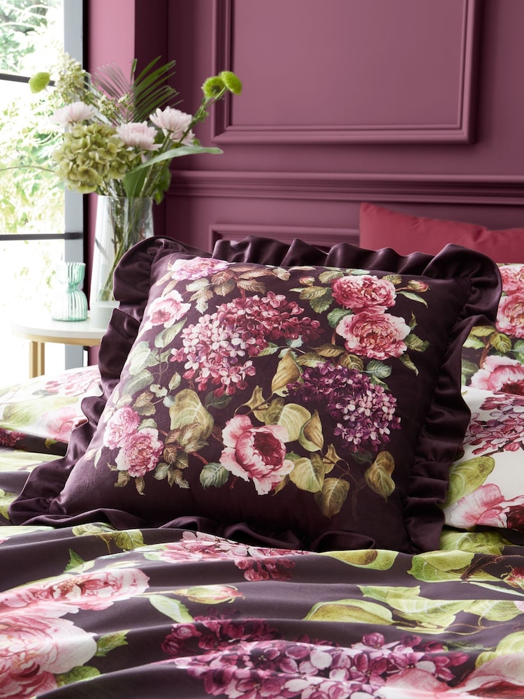 RHS Plum Pia Floral Frill Soft Touch Velour Large Cushion - Image 1 of 2