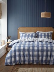 Catherine Lansfield Chambray Blue Brushed Seersucker Gingham Check Duvet Cover Set - Image 1 of 5
