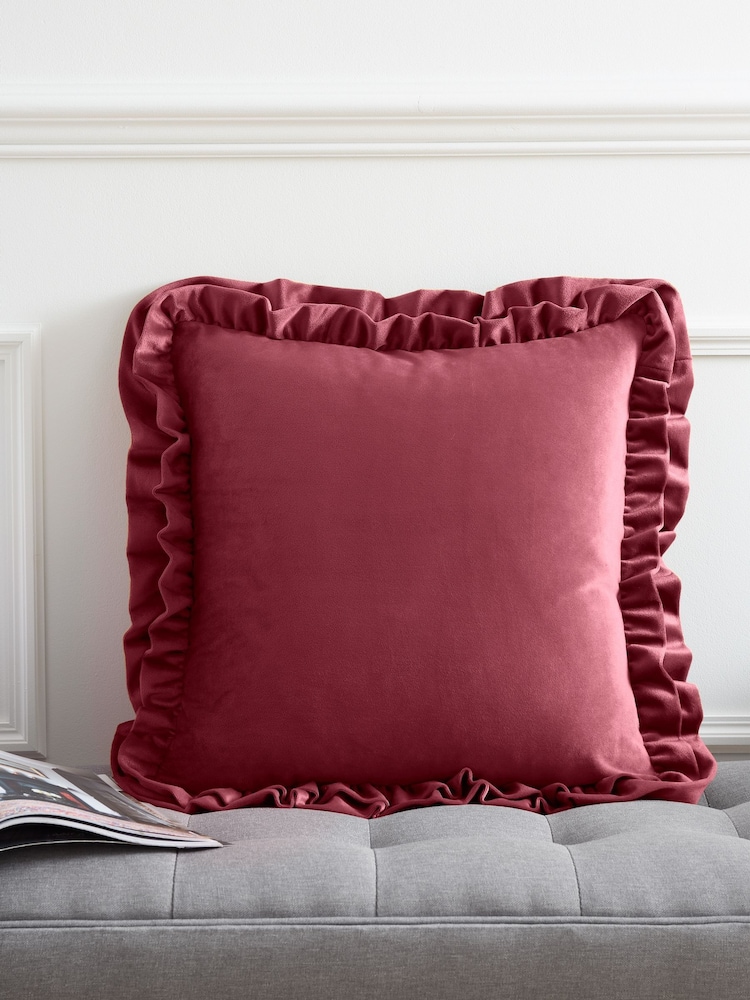 Catherine Lansfield Raspberry Red So Soft Velvet Double Frill Cushion - Image 1 of 3