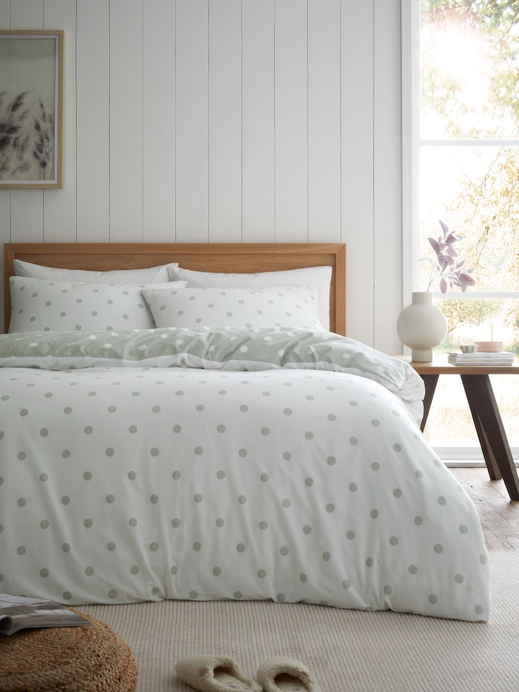 Catherine Lansfield Sage Green Brushed 100% Cotton Polka Dot Duvet Cover Set - Image 3 of 5