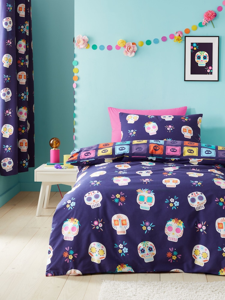 Catherine Lansfield Purple Sugar Skull Fiesta Reversible Duvet Cover Set - Image 1 of 4