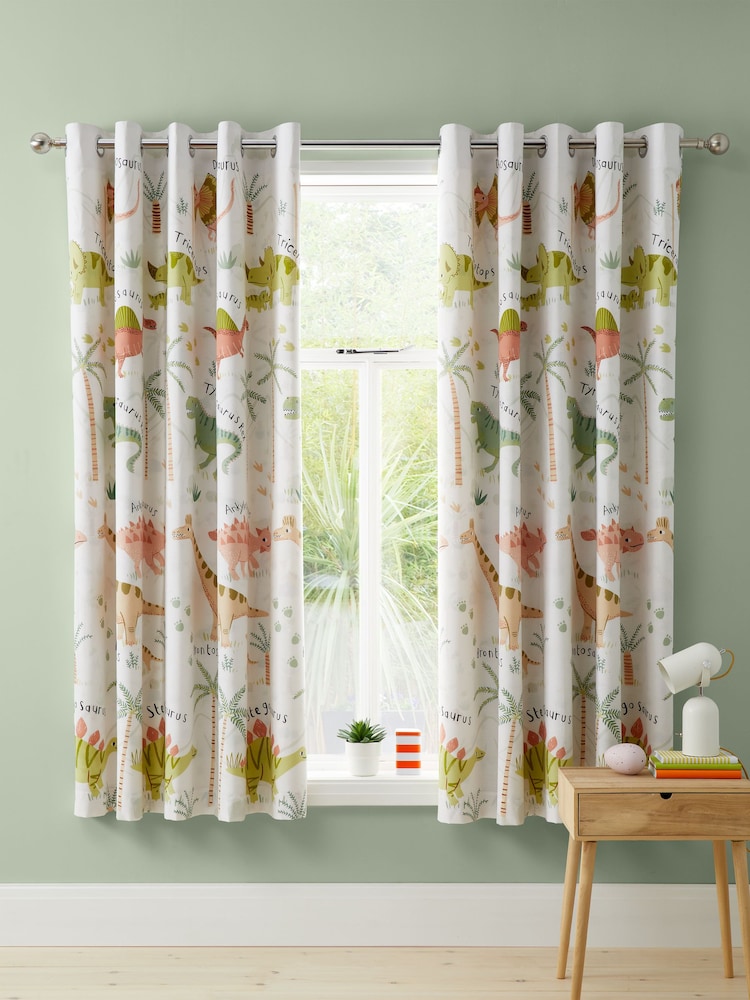 Catherine Lansfield Green Sleepy Dinosaur Reversible Eyelet Curtains - Image 2 of 3