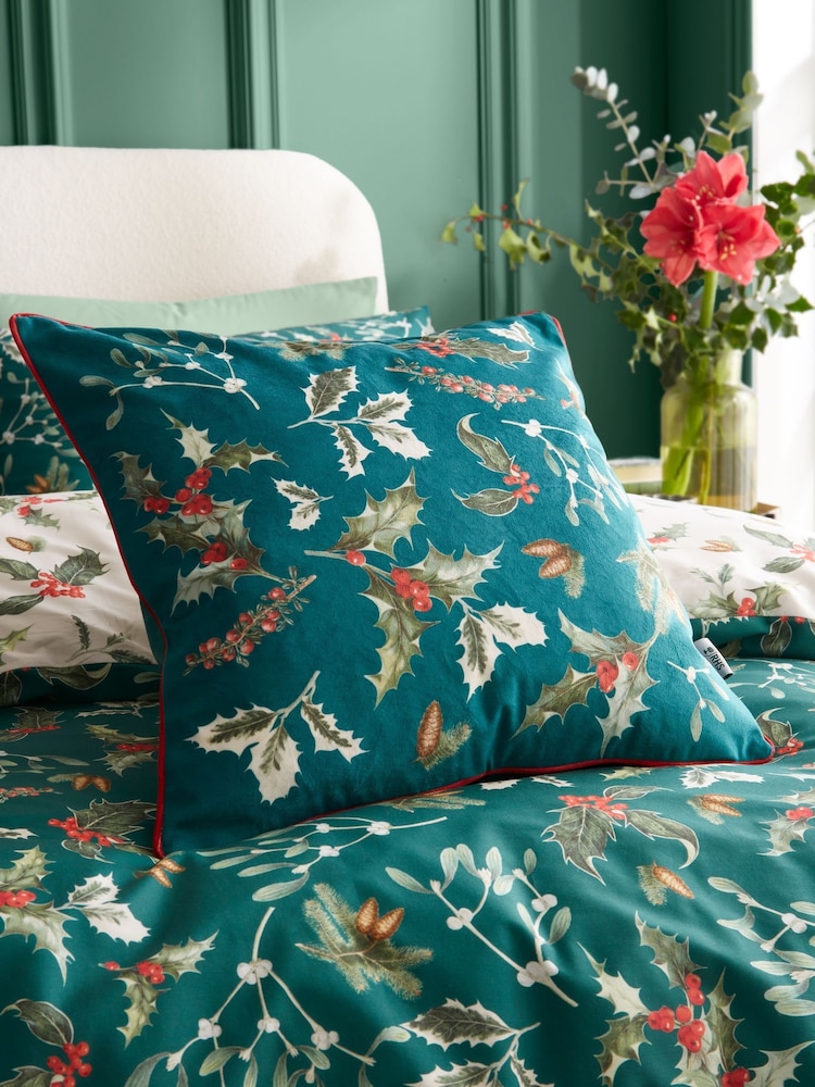 RHS Green Winter Foliage Piped Soft Touch Velour Cushion - Image 1 of 2