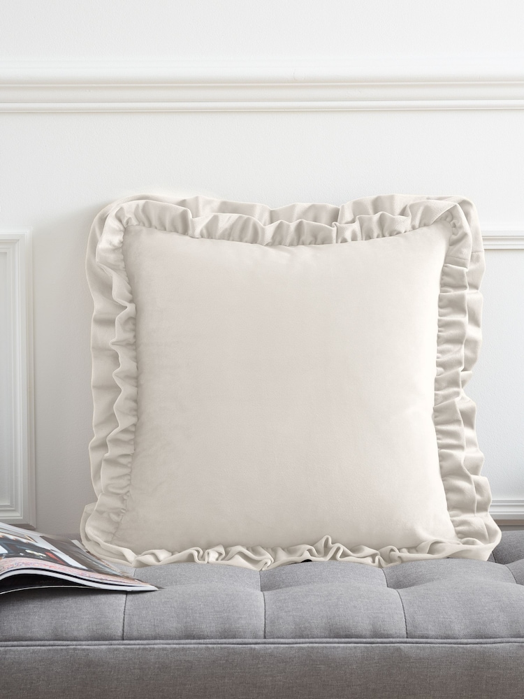 Catherine Lansfield Cream So Soft Velvet Double Frill Cushion - Image 1 of 3
