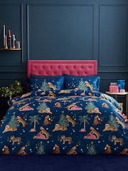 Catherine Lansfield Navy Blue Christmas Tiger Soft Satin Duvet Cover Set - Image 1 of 3