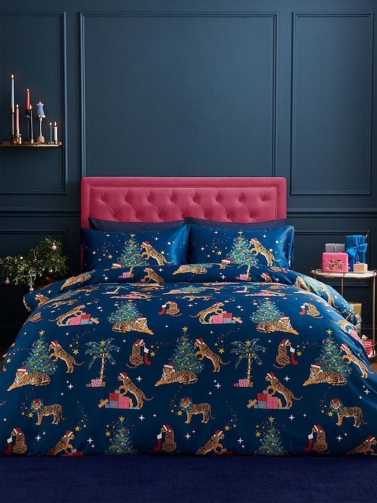 Catherine Lansfield Navy Blue Christmas Tiger Soft Satin Duvet Cover Set - Image 1 of 3
