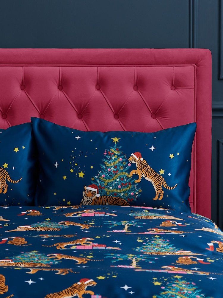 Catherine Lansfield Navy Blue Christmas Tiger Soft Satin Duvet Cover Set - Image 2 of 3