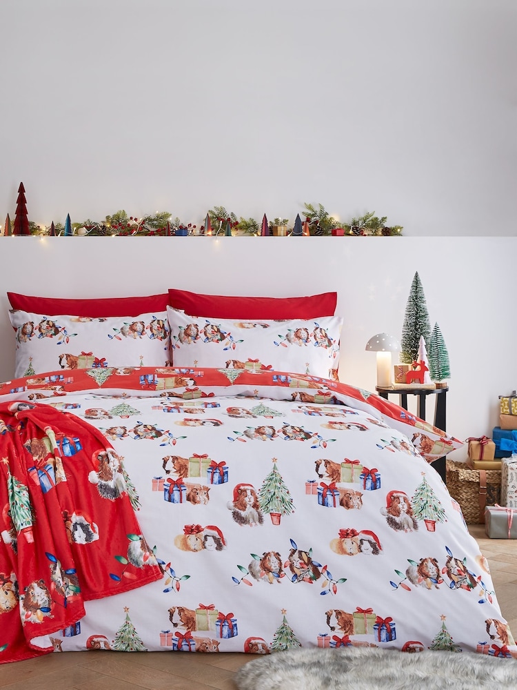 Catherine Lansfield White Red Christmas Guineapig Reversible Duvet Cover Set - Image 1 of 4