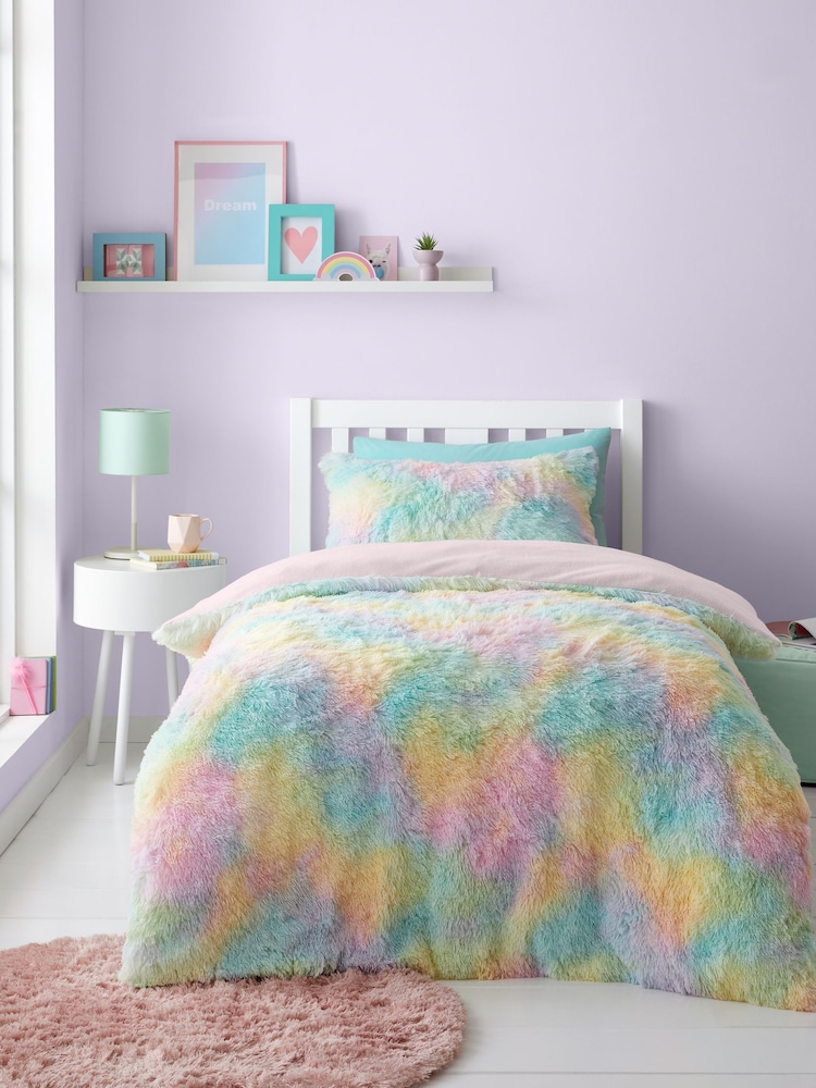 Catherine Lansfield Pastel Rainbow Cuddly Deep Pile Faux Fur Duvet Cover Set - Image 2 of 5