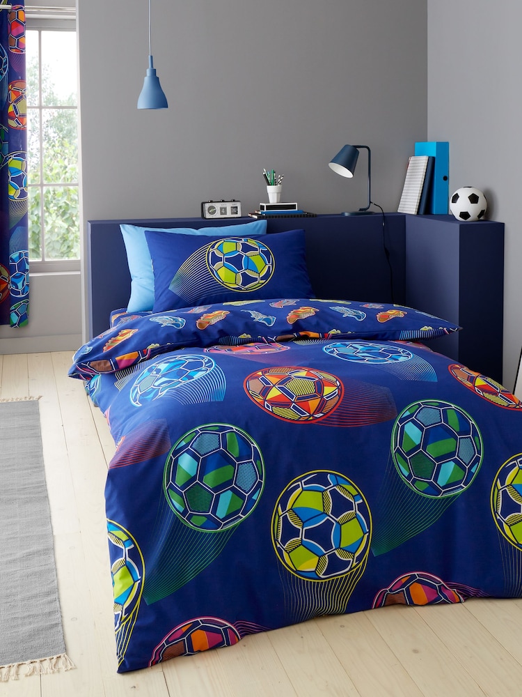 Catherine Lansfield Navy Blue Bright Football Reversible Duvet Cover Set - Image 1 of 4