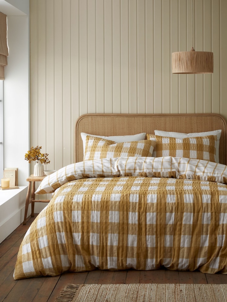 Catherine Lansfield Caramel Brushed Seersucker Gingham Check Duvet Cover Set - Image 1 of 5