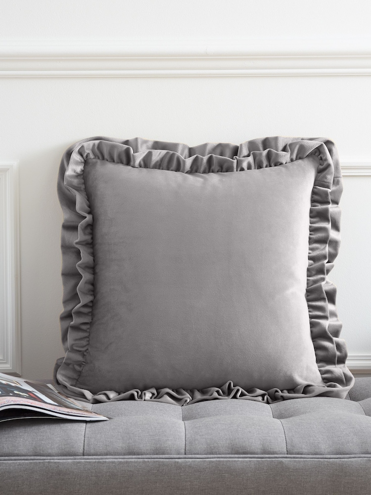 Catherine Lansfield Silver and Grey So Soft Velvet Double Frill Cushion - Image 1 of 3