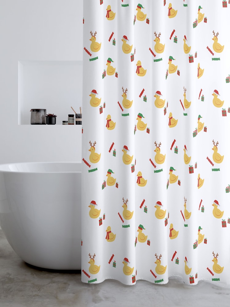 Catherine Lansfield White Christmas Quacker Ducks Shower Curtain - Image 1 of 3