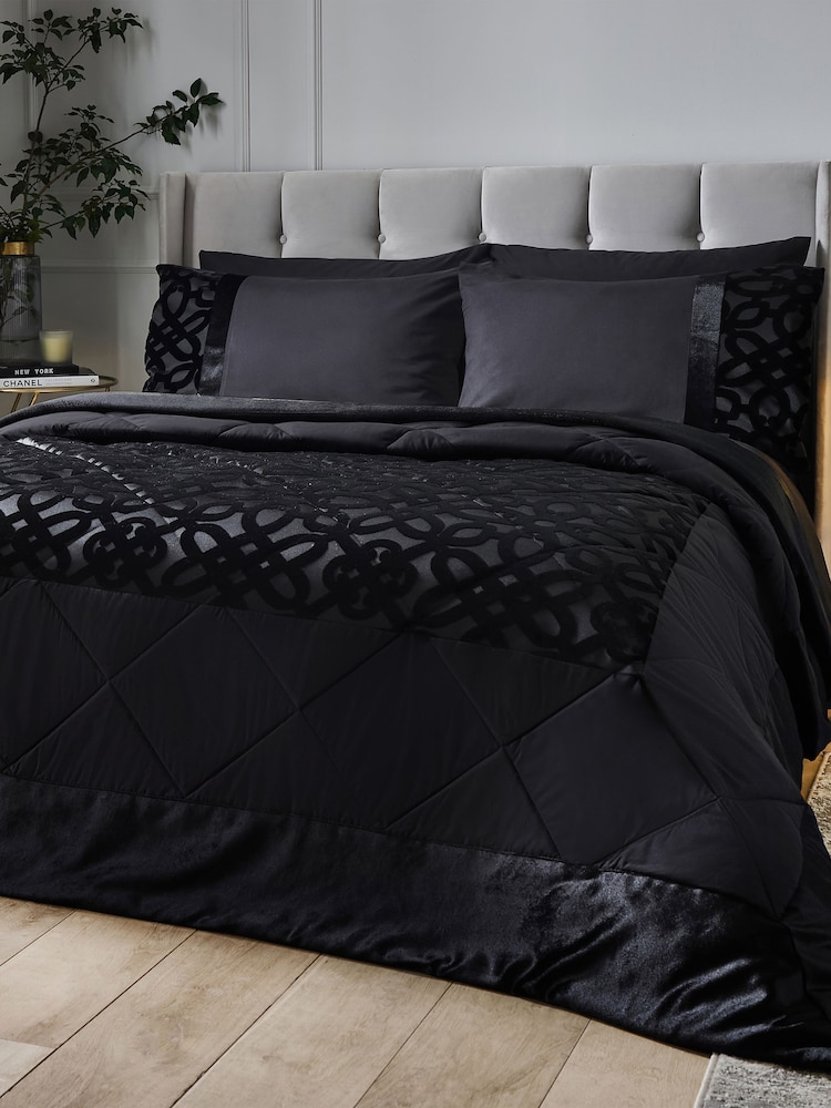 Catherine Lansfield Black Lattice Cut Velvet Bedspread - Image 1 of 2