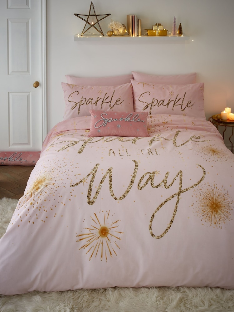 Catherine Lansfield Blush Pink Christmas Sparkle Reversible Duvet Cover Set - Image 1 of 4