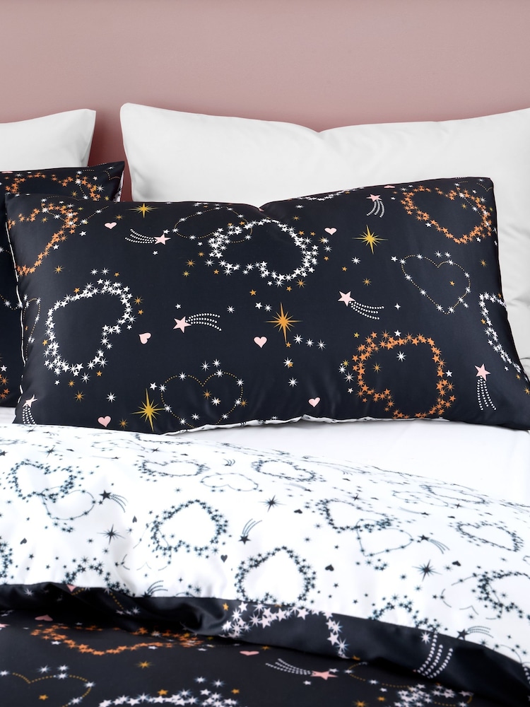 Catherine Lansfield Black and White Cosmic Hearts and Stars Soft Satin Duvet Cover Set - Image 3 of 5