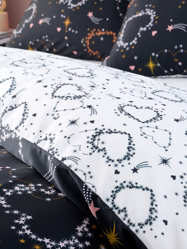Catherine Lansfield Black and White Cosmic Hearts and Stars Soft Satin Duvet Cover Set - Image 4 of 5
