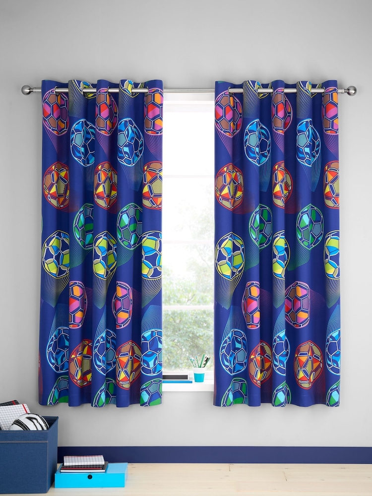 Catherine Lansfield Navy Blue Bright Football Reversible Eyelet Curtains - Image 2 of 3