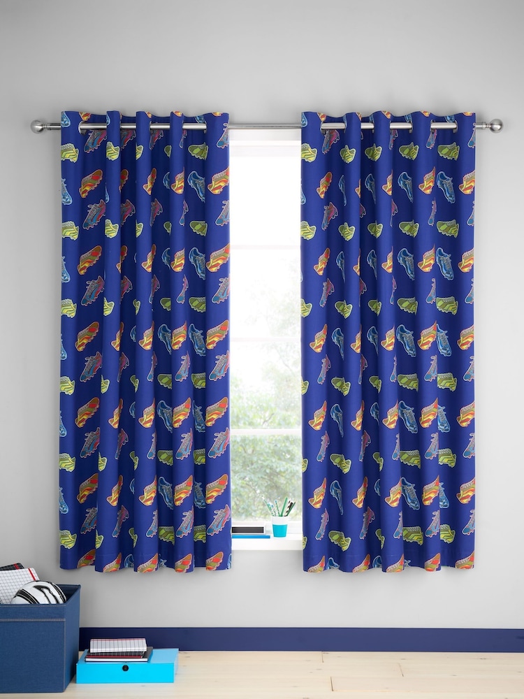 Catherine Lansfield Navy Blue Bright Football Reversible Eyelet Curtains - Image 3 of 3