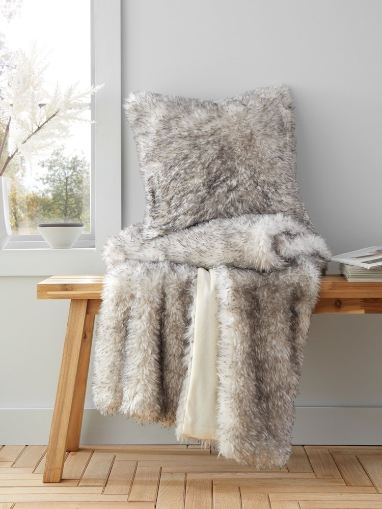 Catherine Lansfield Silver and Grey Arctic Fox Soft and Cosy Faux Fur Cushion - Image 4 of 4
