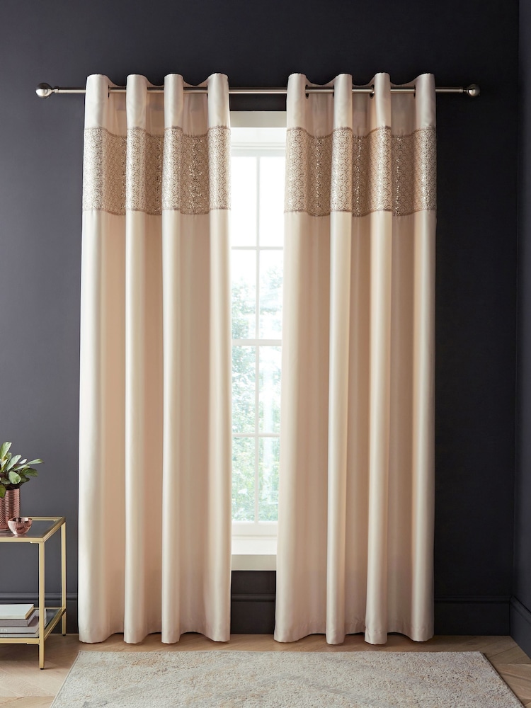 Catherine Lansfield Champagne Deco Sequin Glamour Lined Eyelet Curtains - Image 2 of 2