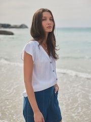 White Button Down Ruffle Sleeve Top With Linen - Image 2 of 7