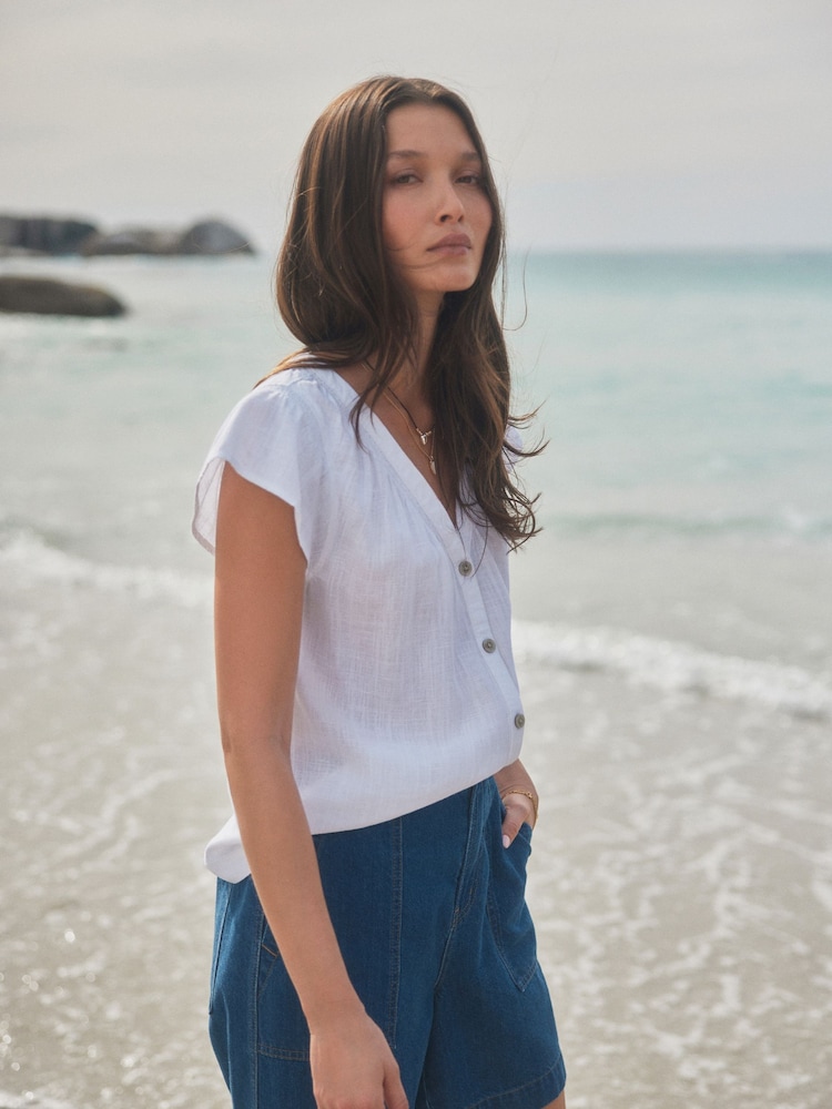 White Button Down Ruffle Sleeve Top With Linen - Image 2 of 7