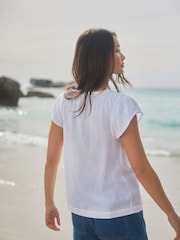 White Button Down Ruffle Sleeve Top With Linen - Image 3 of 7
