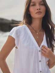 White Button Down Ruffle Sleeve Top With Linen - Image 4 of 7
