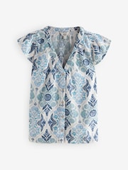 Blue Floral Print - Button Down Ruffle Sleeve Top With Linen - Image 4 of 7