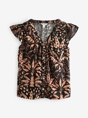 Black/Tan Palm Print Button Down Ruffle Sleeve Top With Linen - Image 5 of 7