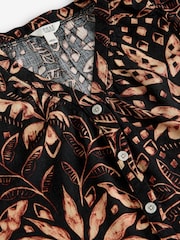 Black/Tan Palm Print Button Down Ruffle Sleeve Top With Linen - Image 6 of 7