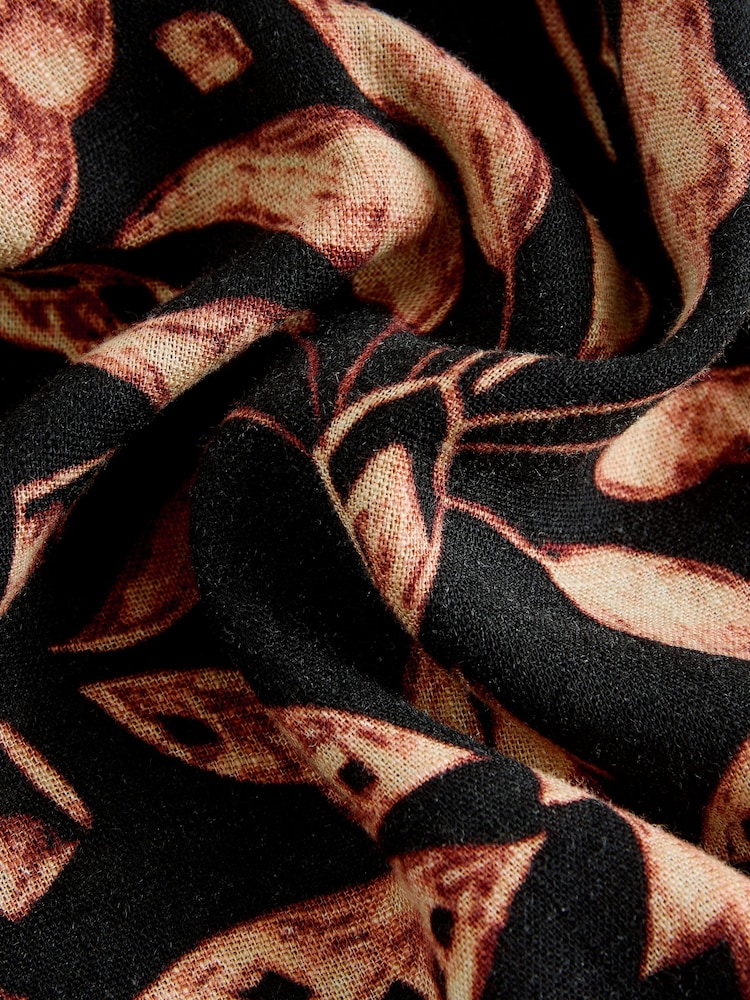 Black/Tan Palm Print Button Down Ruffle Sleeve Top With Linen - Image 7 of 7