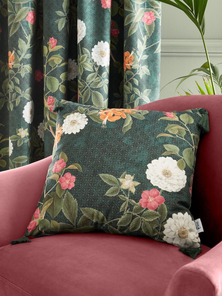 RHS Green Arcadia Floral Tassel Soft Touch Recycled Polyester Velour 50x50cm Cushion - Image 1 of 6