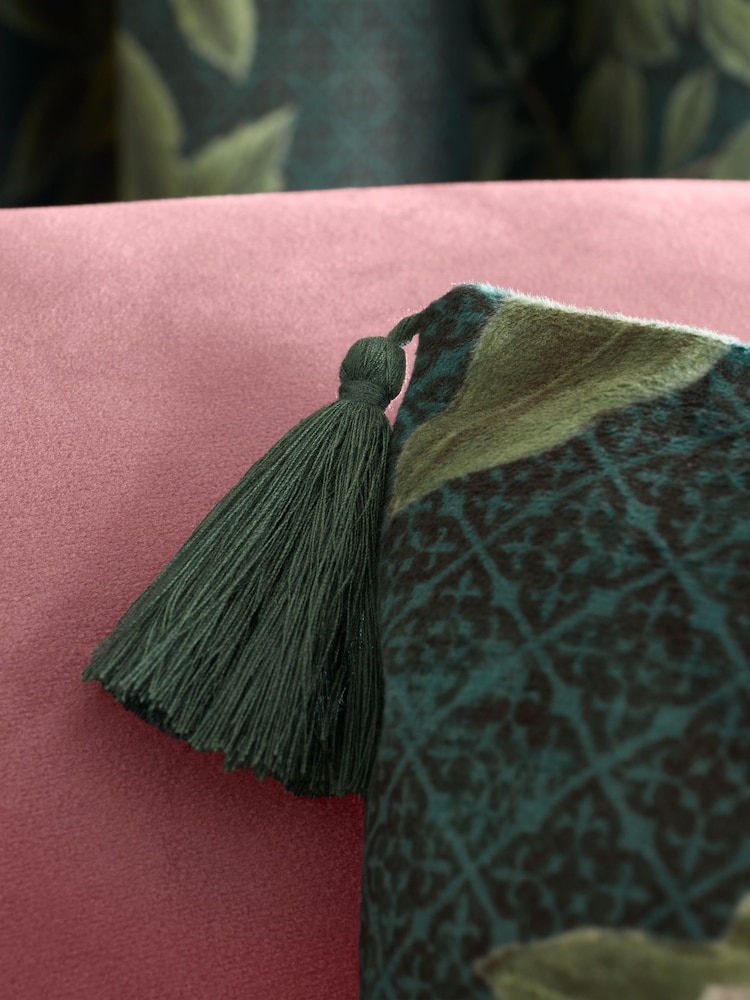 RHS Green Arcadia Floral Tassel Soft Touch Recycled Polyester Velour 50x50cm Cushion - Image 2 of 6