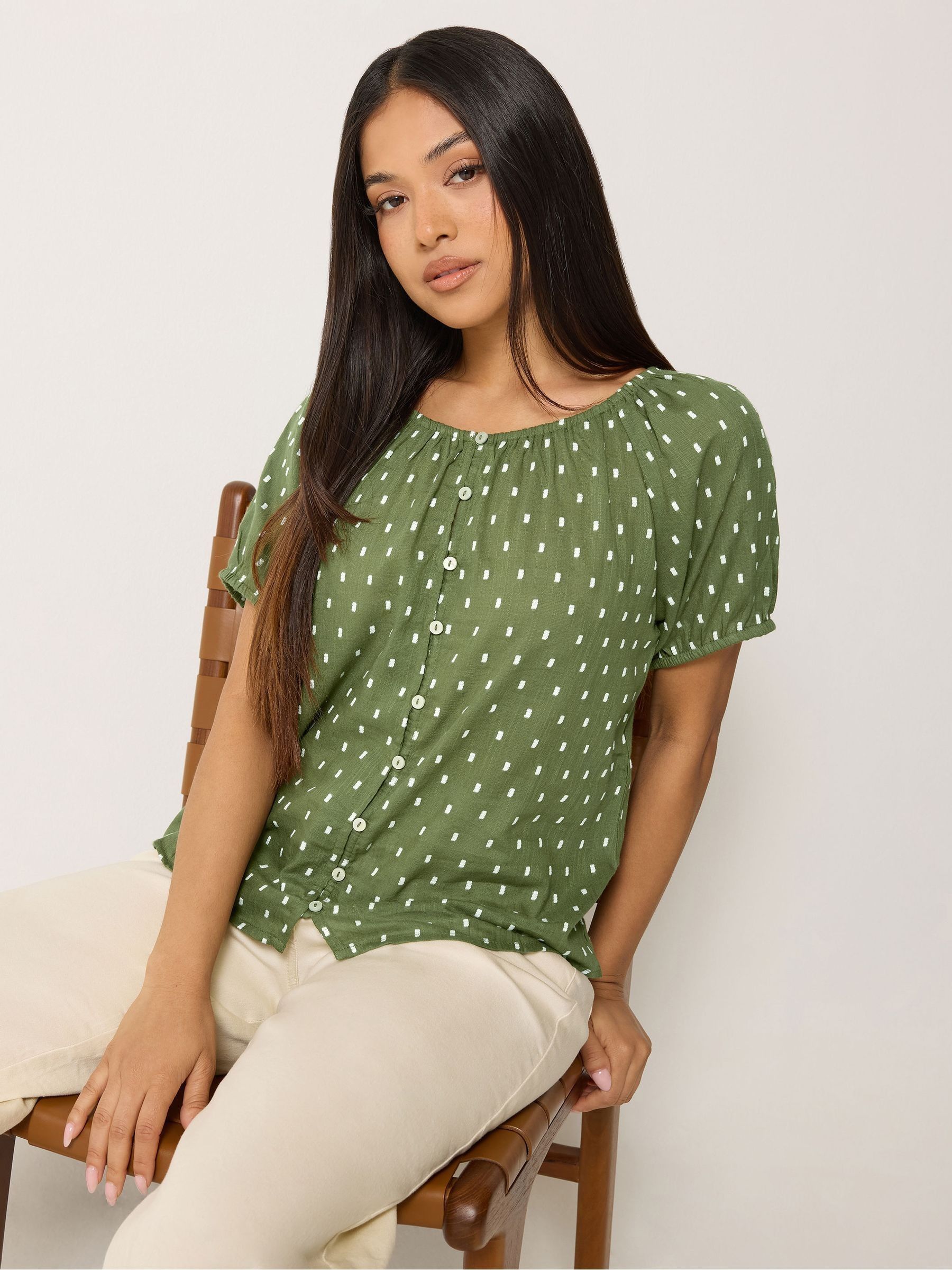 M&Co Women's Light Khaki Petite Dobby Button Up Blouse In | Size: 18 - Image 1