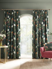RHS Green Arcadia Floral Soft Velour Pencil Pleat Curtains - Image 2 of 4